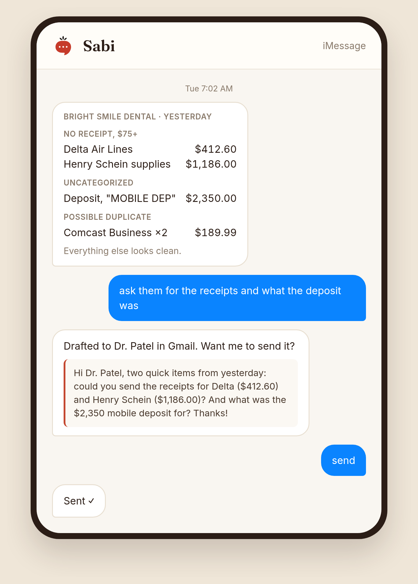 Sabi iMessage thread at 7:02am: two expenses over $75 missing receipts, one uncategorized deposit, and a possible duplicate charge, then the bookkeeper asks for the receipts and Sabi drafts the request to the client (example data)