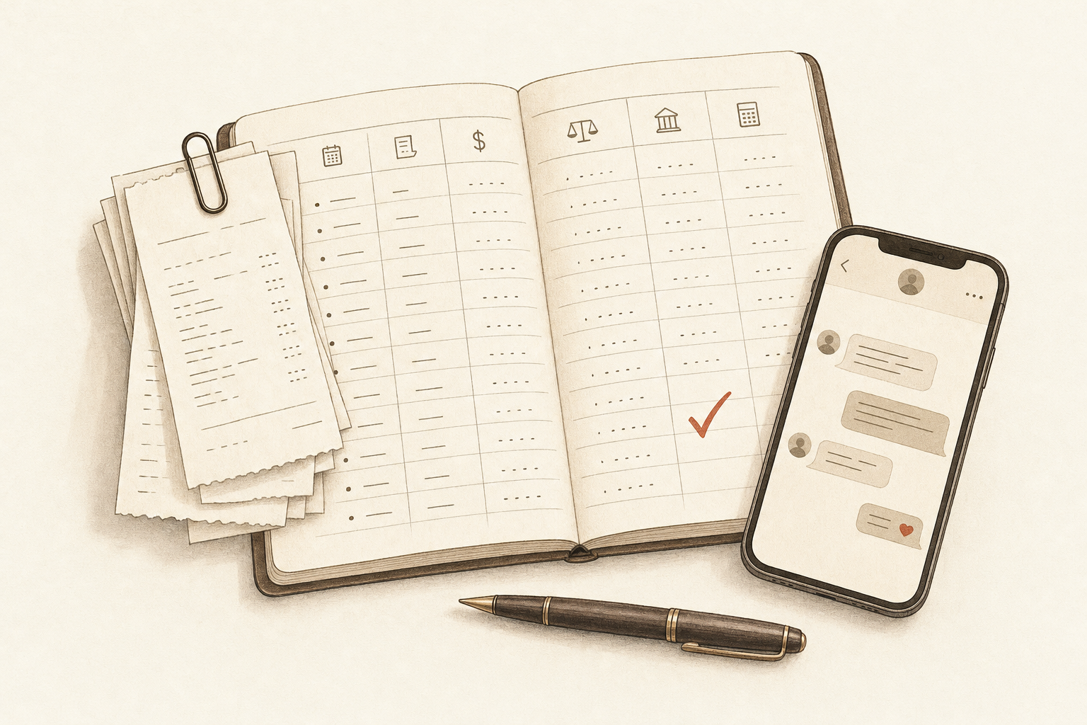 Illustration of an open bookkeeping ledger with a red checkmark, a clipped stack of receipts and a phone with a message thread for a post on how bookkeepers use an AI assistant