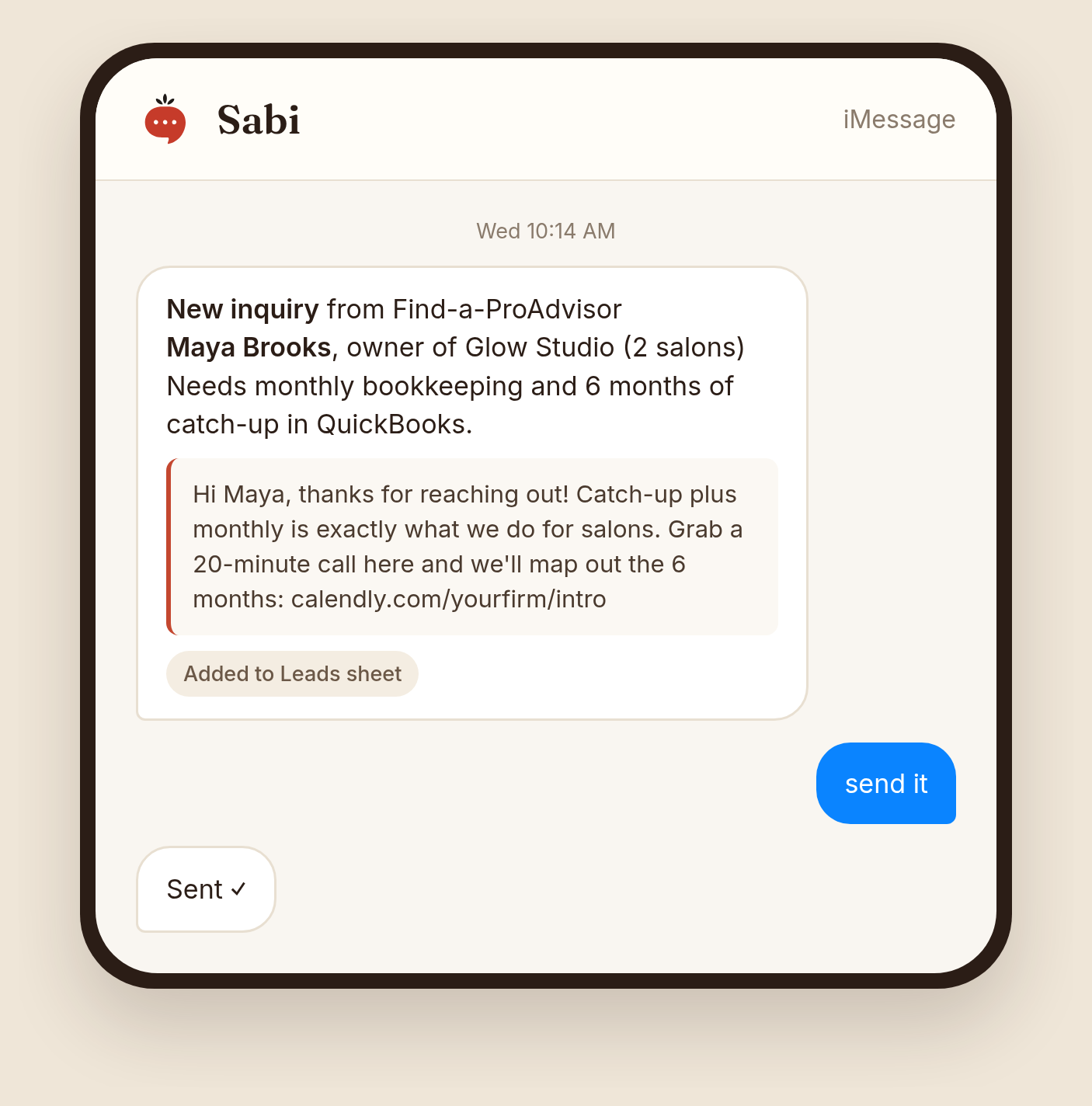 Sabi iMessage alert: a new inquiry from a salon owner who needs monthly bookkeeping and catch-up for 6 months, with a drafted reply that includes a booking link, added to the Leads sheet (example data)