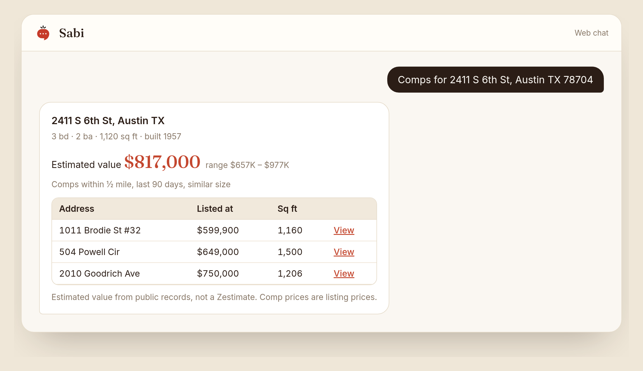Sabi web chat answering a comps question for 2411 S 6th St, Austin TX with an estimated value of $817,000 and a table of three comps with View links