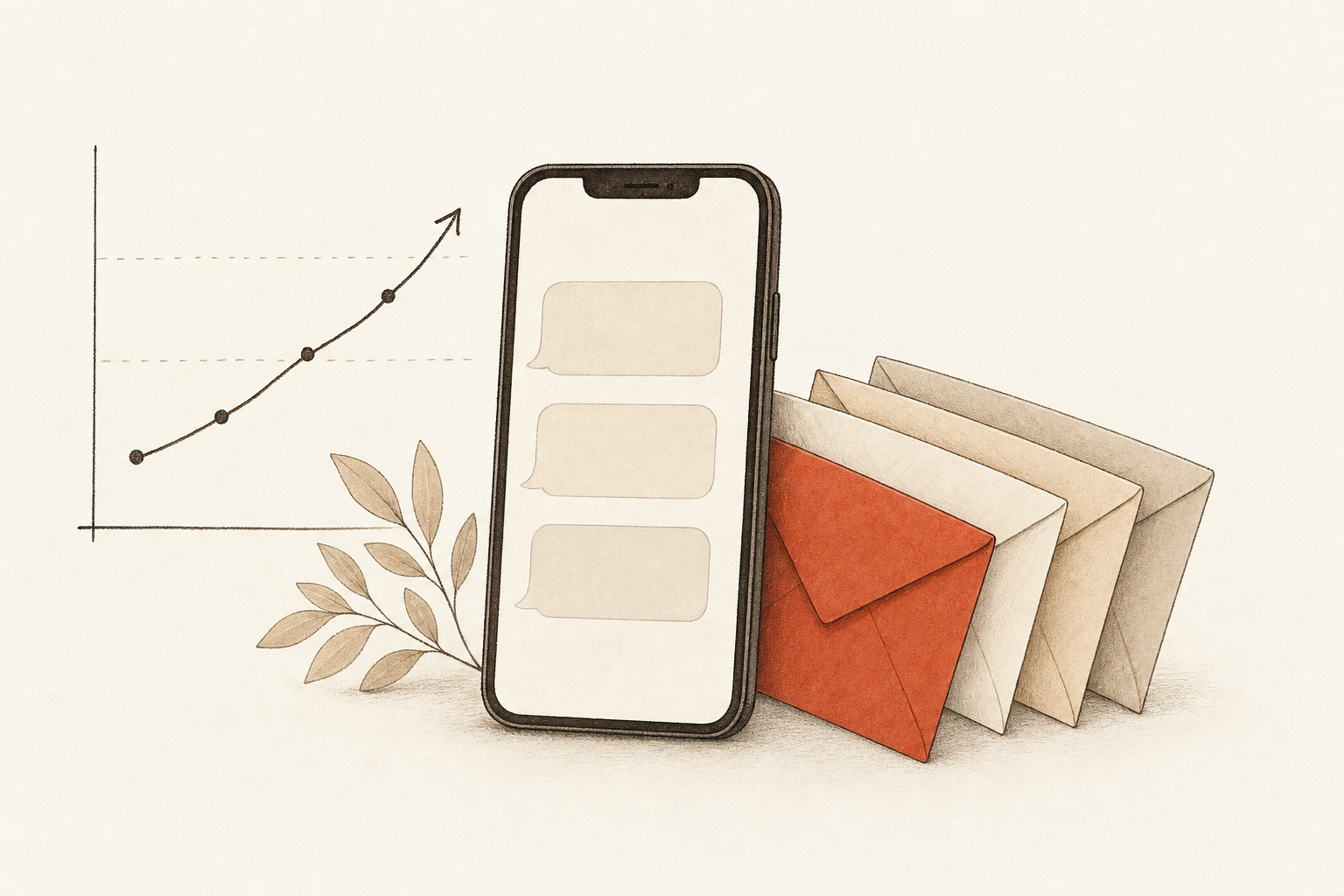 A phone showing a short text thread beside a stack of outgoing envelopes and a small rising chart, for running Instantly cold email campaigns through the Sabi AI assistant