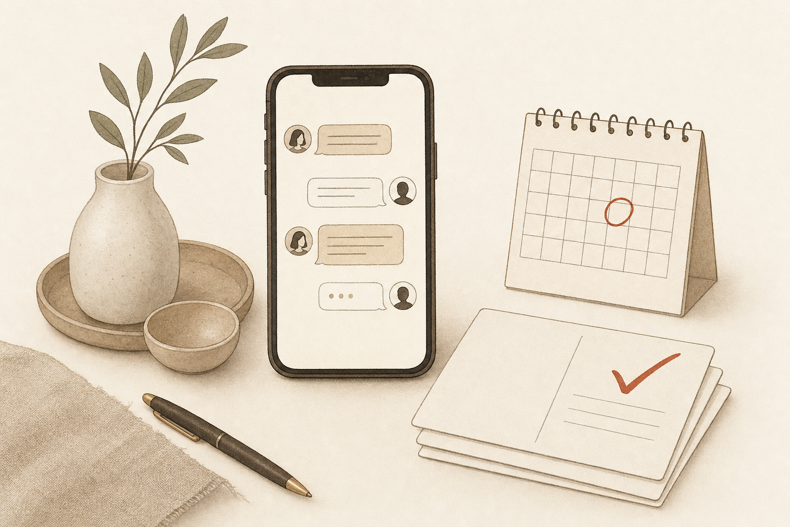 A phone with a short message thread beside a stack of approved post cards and a desk calendar, illustrating an AI social media scheduler