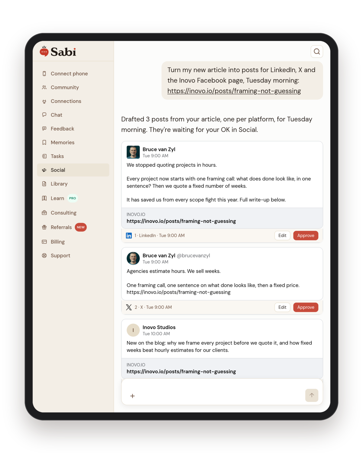 Sabi chat: one message with an article link becomes a LinkedIn draft and an X draft, each with Edit and Approve buttons