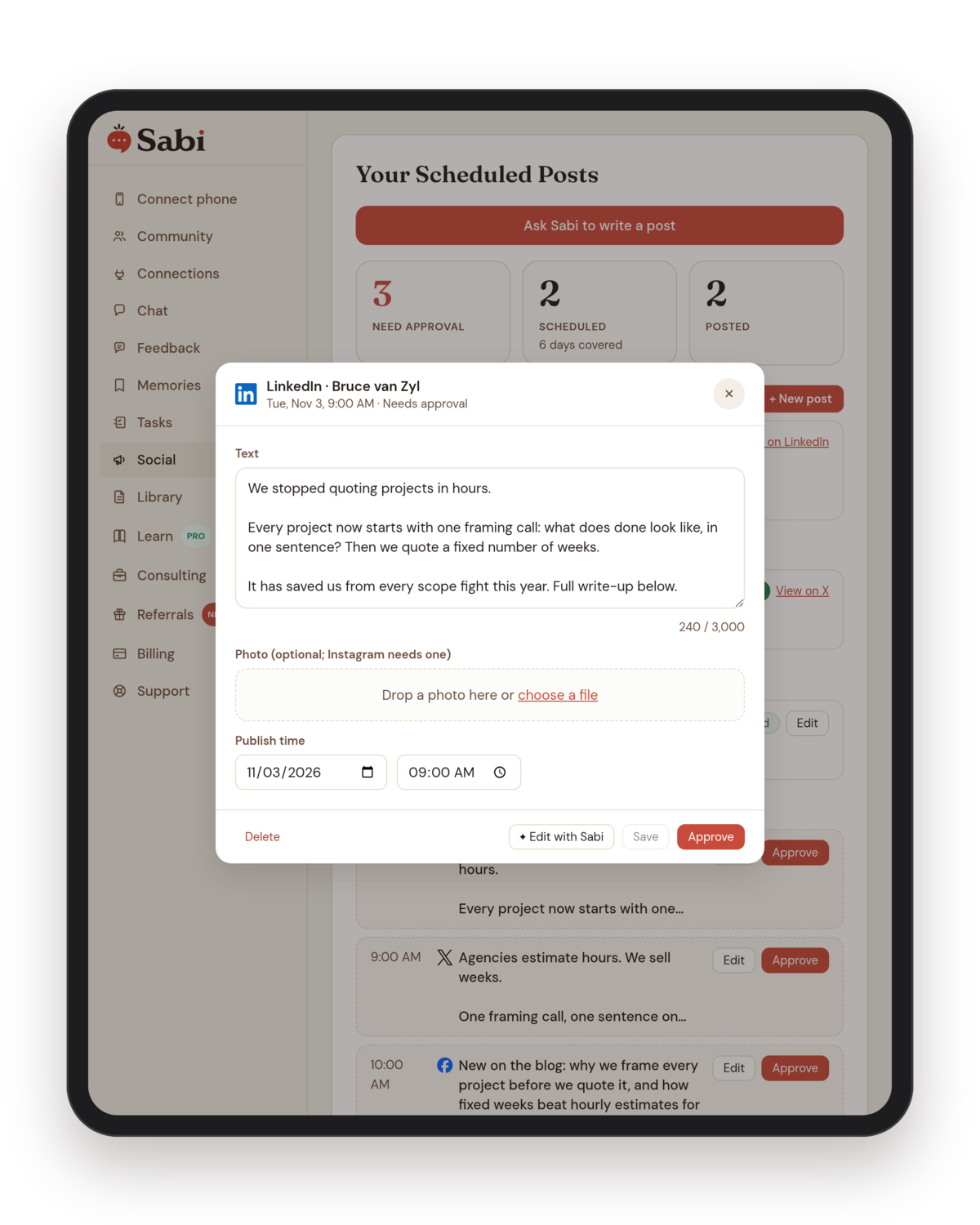 Editing a LinkedIn draft in Sabi: the text with a character count, an optional photo, the publish time, and Delete, Edit with Sabi, Save and Approve buttons