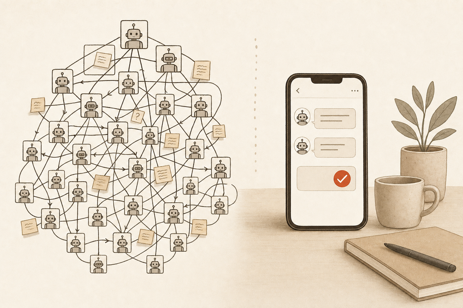 A tangled org chart of many small AI robot employees and sticky notes beside one calm phone with a message thread and a clay-red checkmark, illustrating an Automate to Accelerate alternative