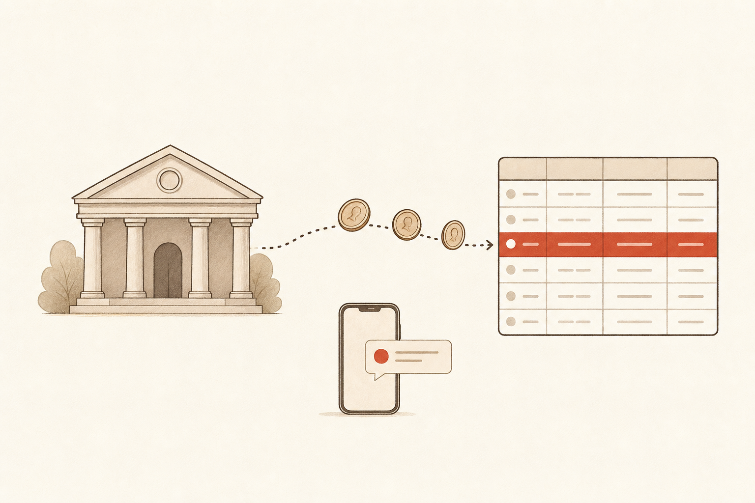 Illustration of bank transactions flowing into a Google Sheets grid through a phone text message, one row highlighted, for getting bank transactions into Google Sheets automatically