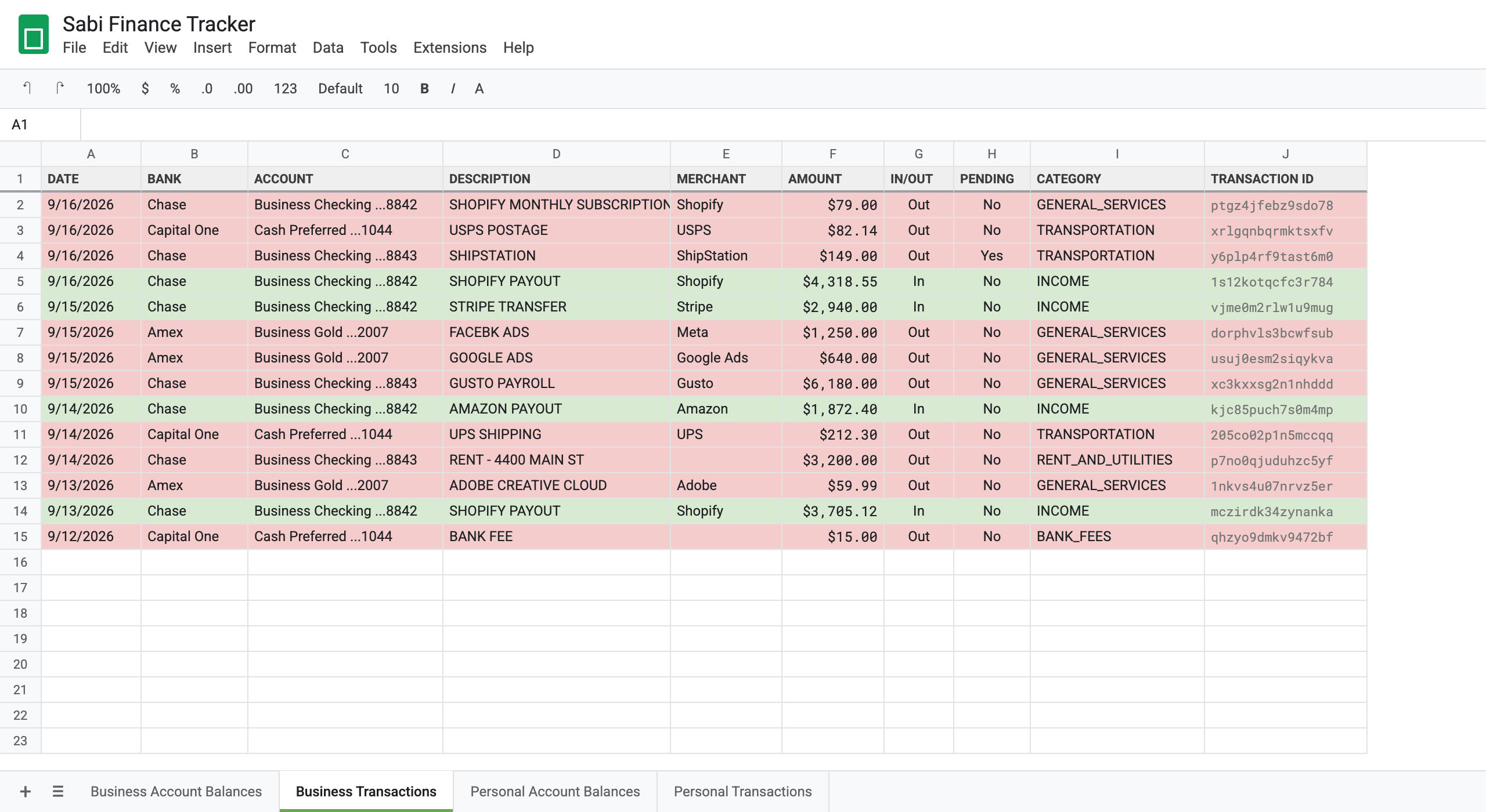 Google Sheets Business Transactions tab filled by Sabi from a Plaid bank connection, with green rows for money in, red rows for money out, and a Transaction ID column