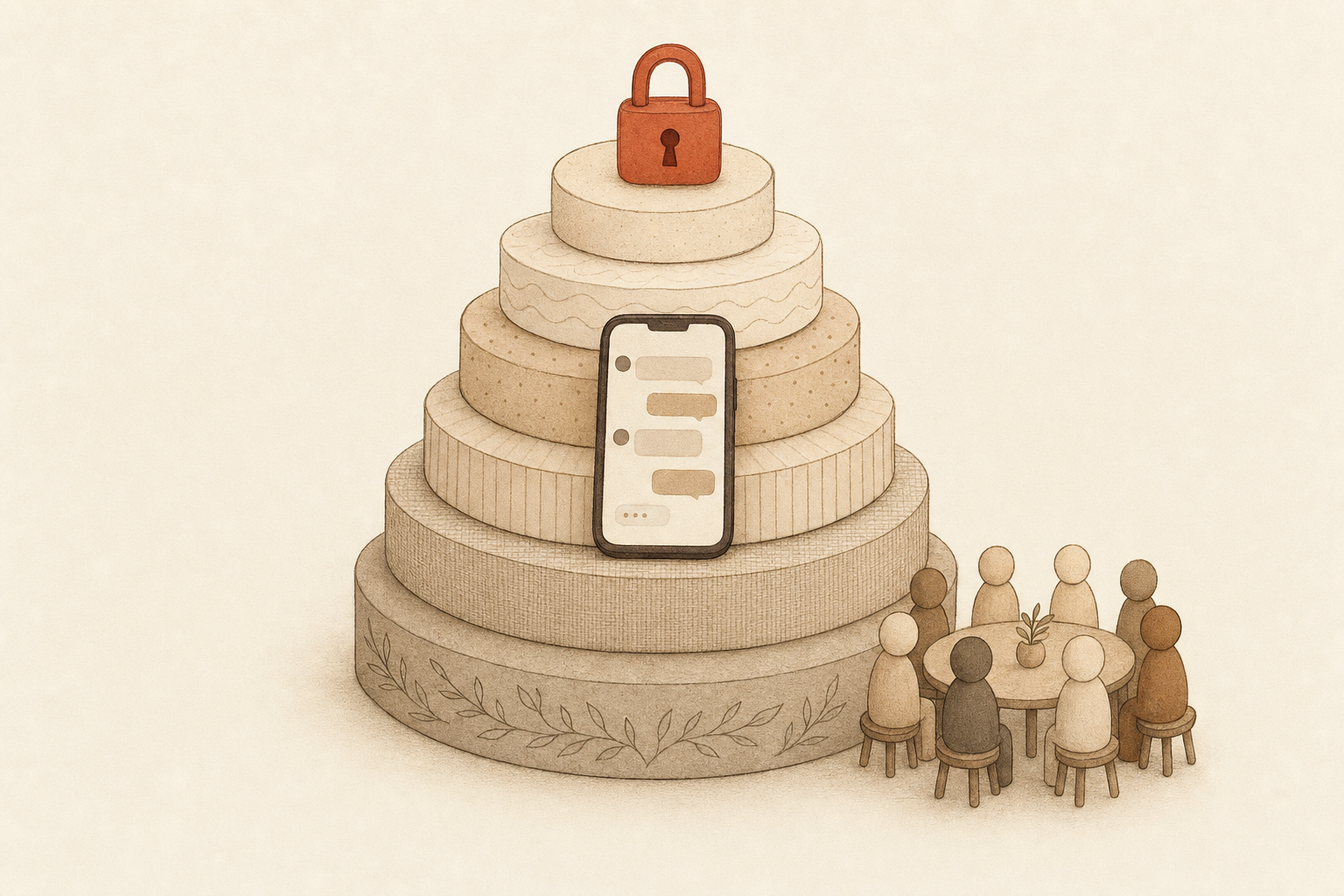 A six-tier stacked cake with a phone message thread and a clay-red padlock on top beside founders around a table, the layers behind the best AI agent for small business