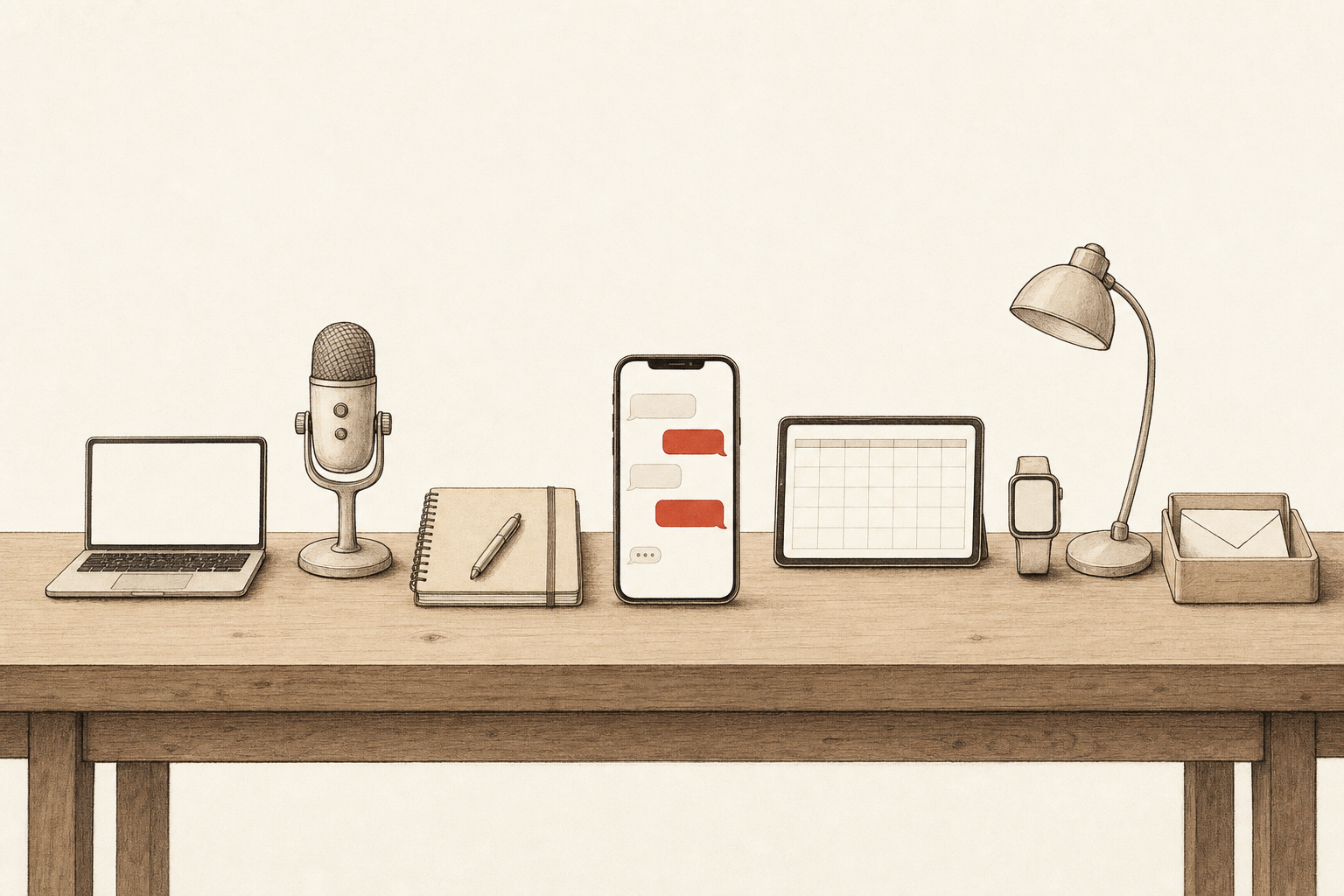 A wooden desk lined with a laptop, microphone, notebook, tablet calendar, watch, lamp, and mail tray, with a phone message thread in clay red at the center, illustrating the best AI executive assistant