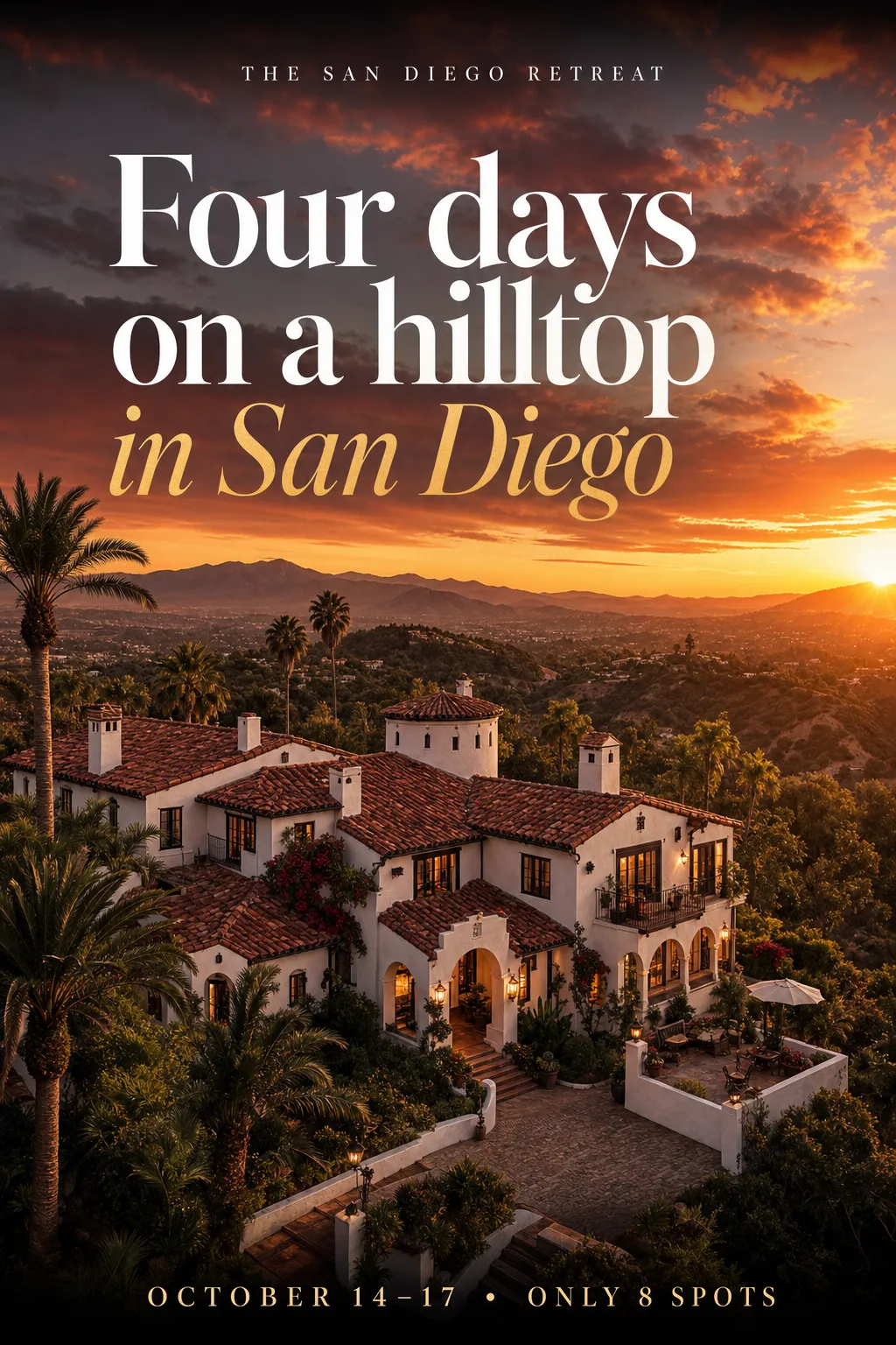 Finished event flyer for the San Diego hilltop retreat