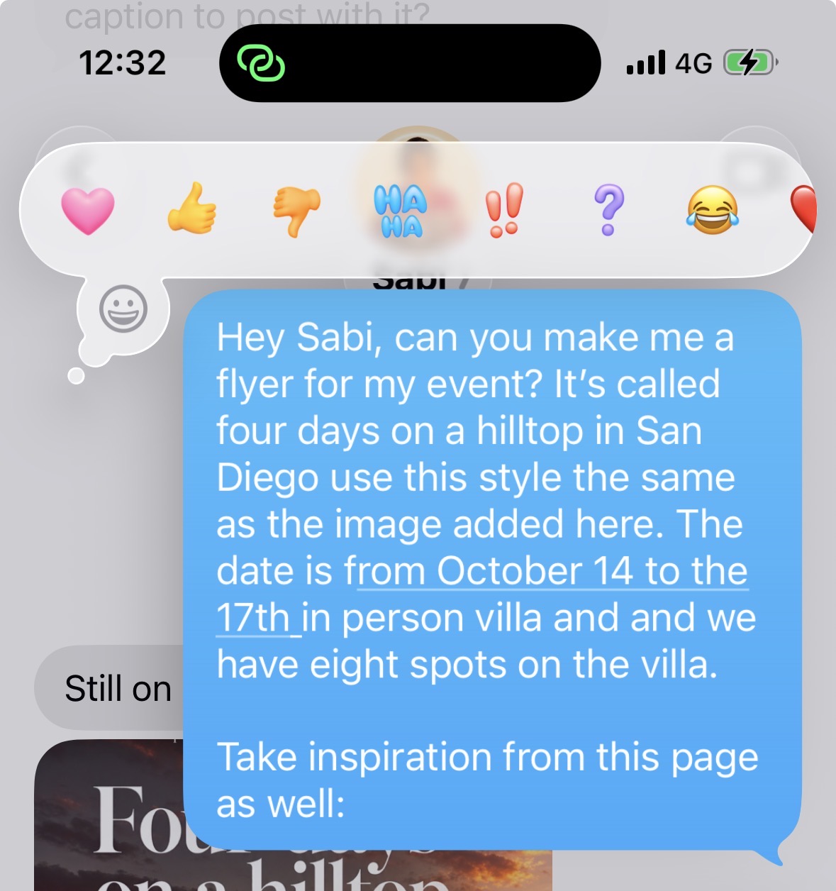 Text conversation asking Sabi to make a flyer for a San Diego retreat