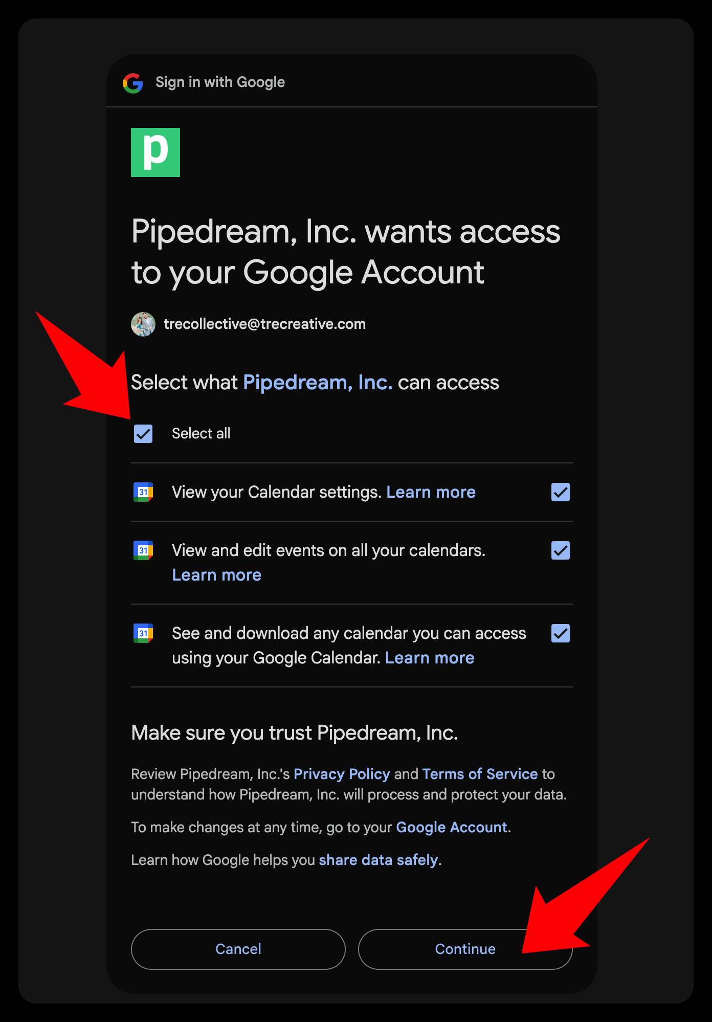 Calendar permissions with Select all checked
