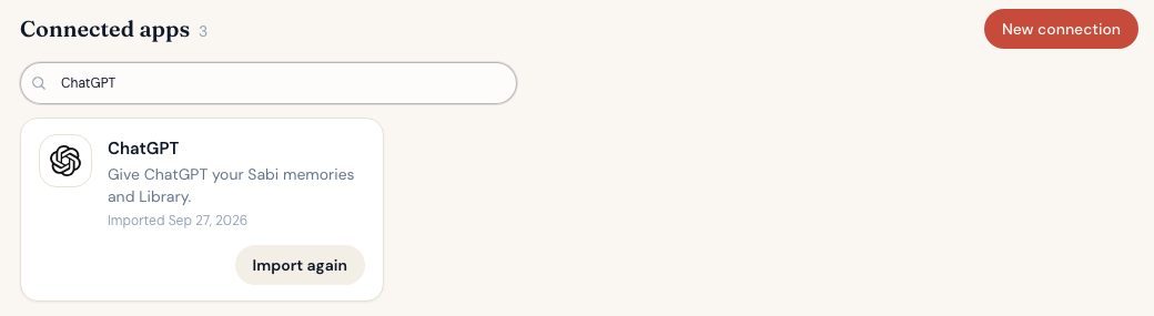 The ChatGPT connection in the Sabi Connections tab