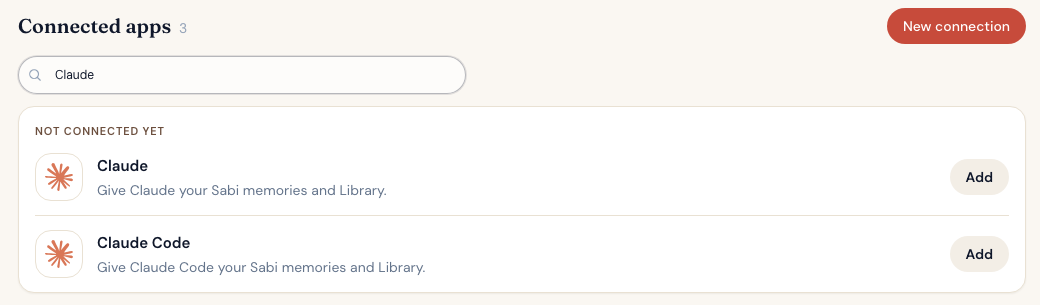 The Claude connection in the Sabi Connections tab, with an Add button