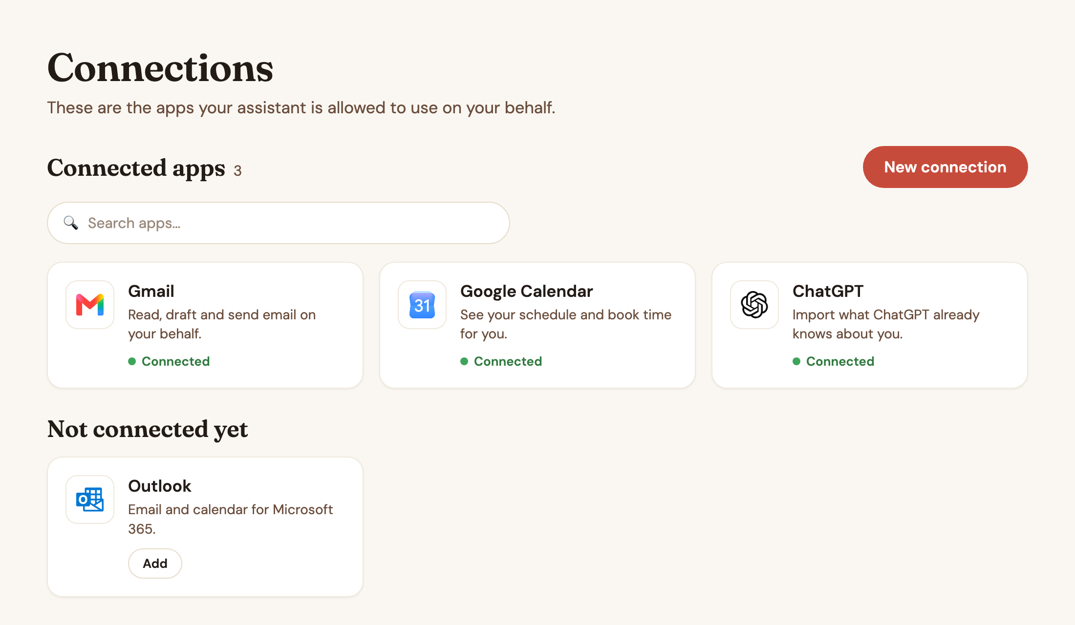 The Connections page: connected apps and the New connection button