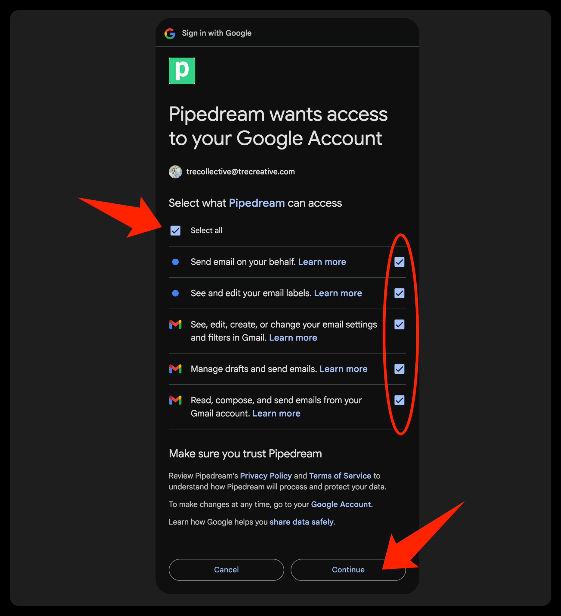 Gmail permissions with Select all checked