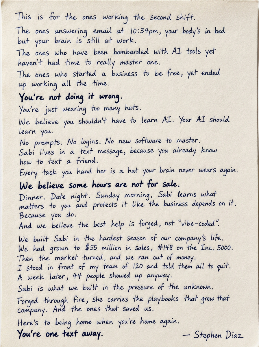 Handwritten letter from the founder of Sabi