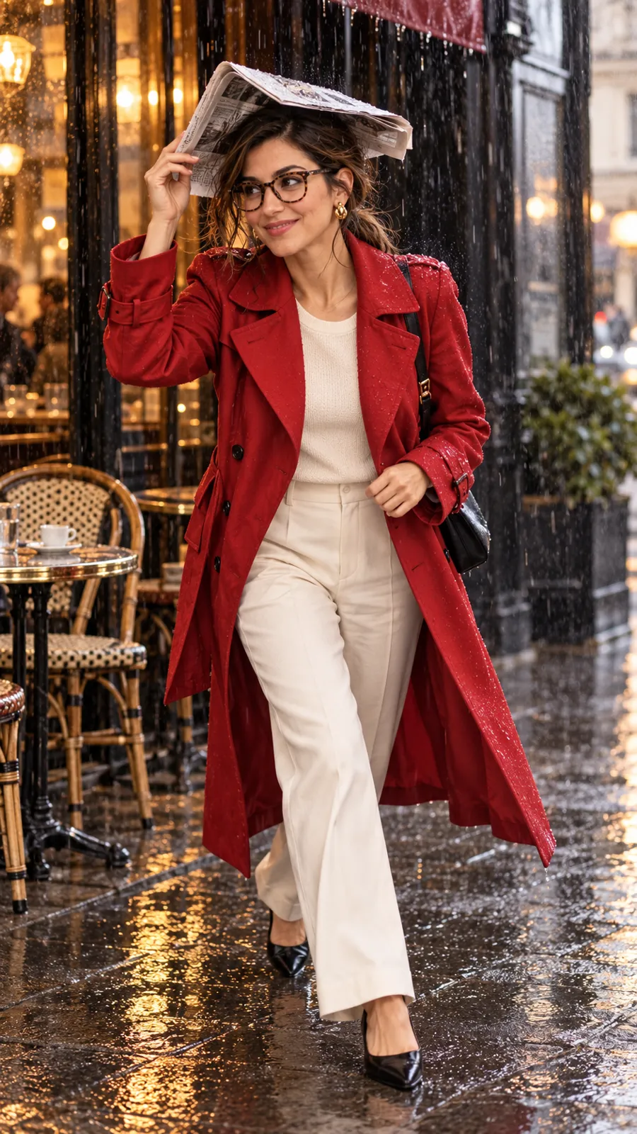 The same woman laughing in a sudden rain shower outside a Parisian café