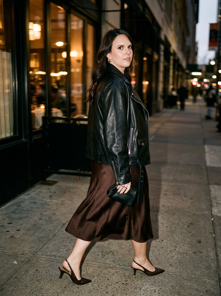 The same woman stepping out of a downtown restaurant at night