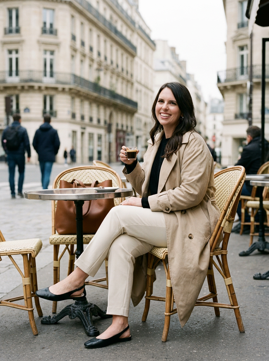 The same woman at an outdoor Paris café holding an espresso