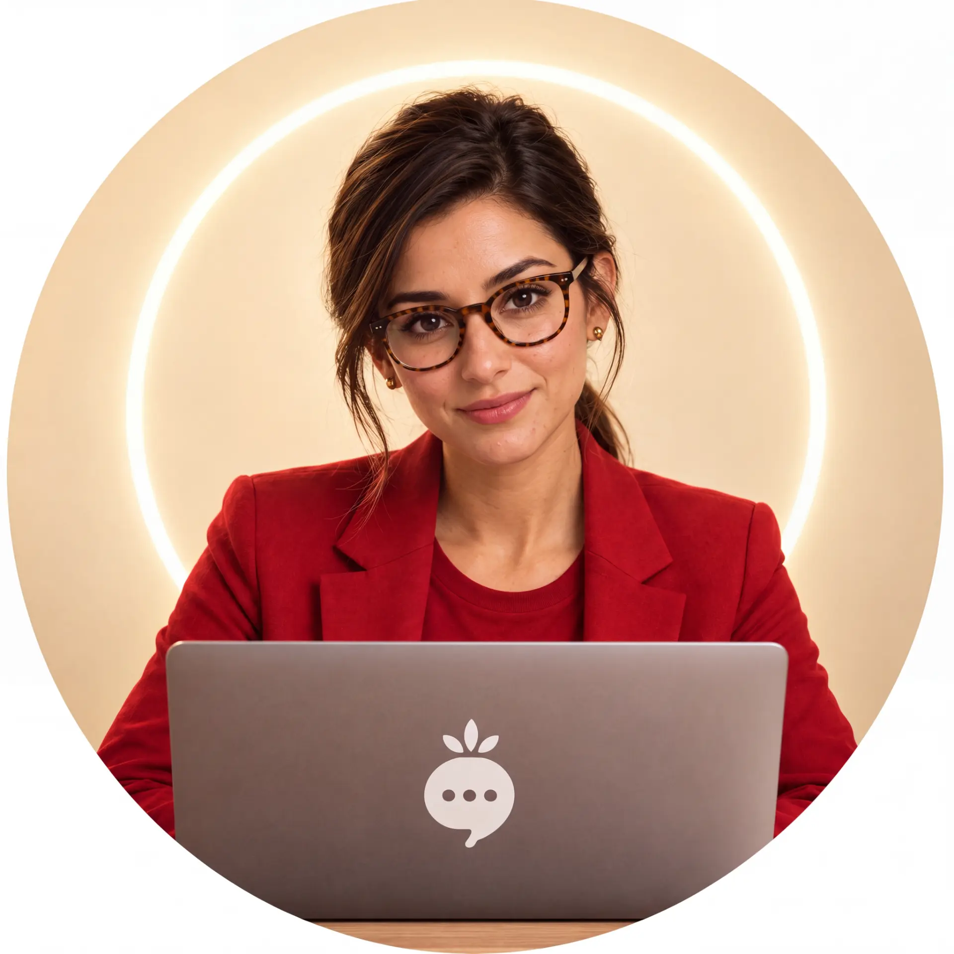 A casual photo of a woman in a red blazer at her laptop