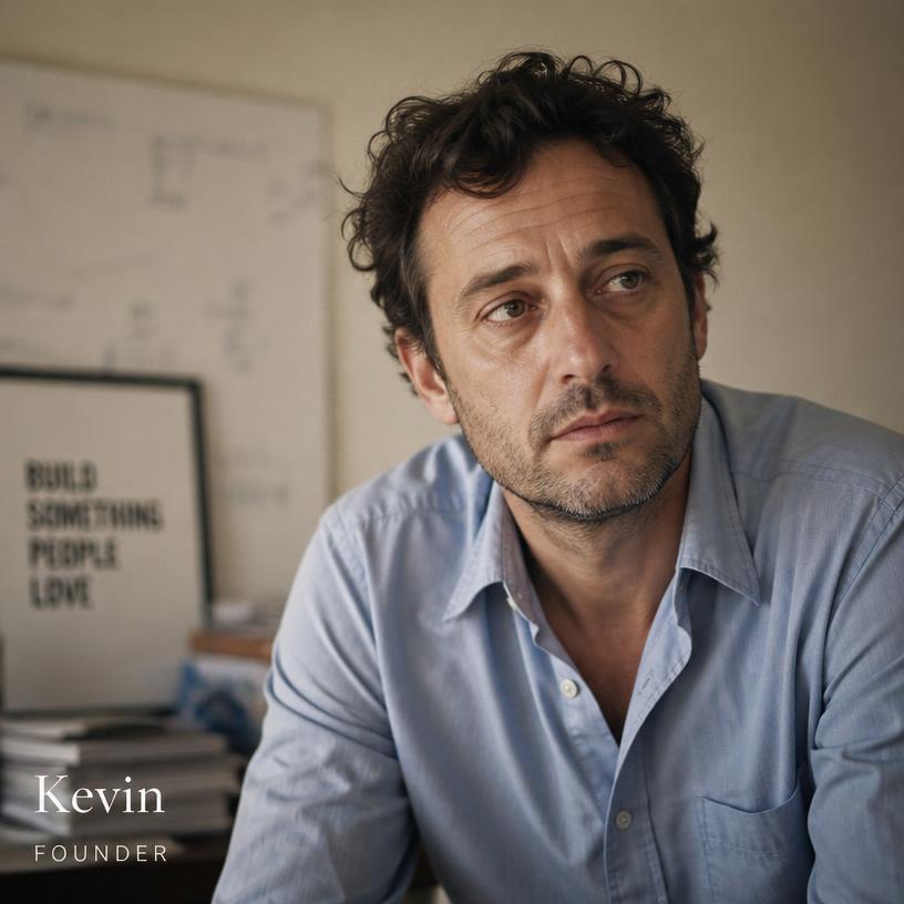 Kevin, exhausted founder working 80 hours a week