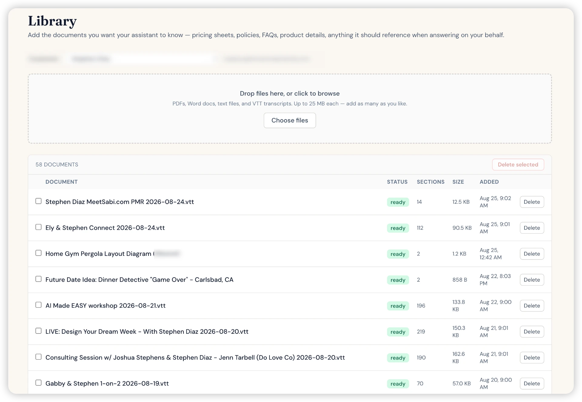 The Library in the Sabi dashboard