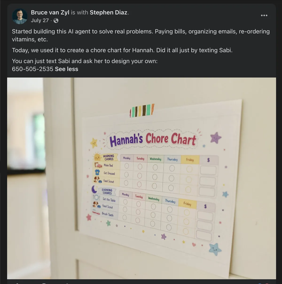 A printed chore chart Sabi designed, taped to a door