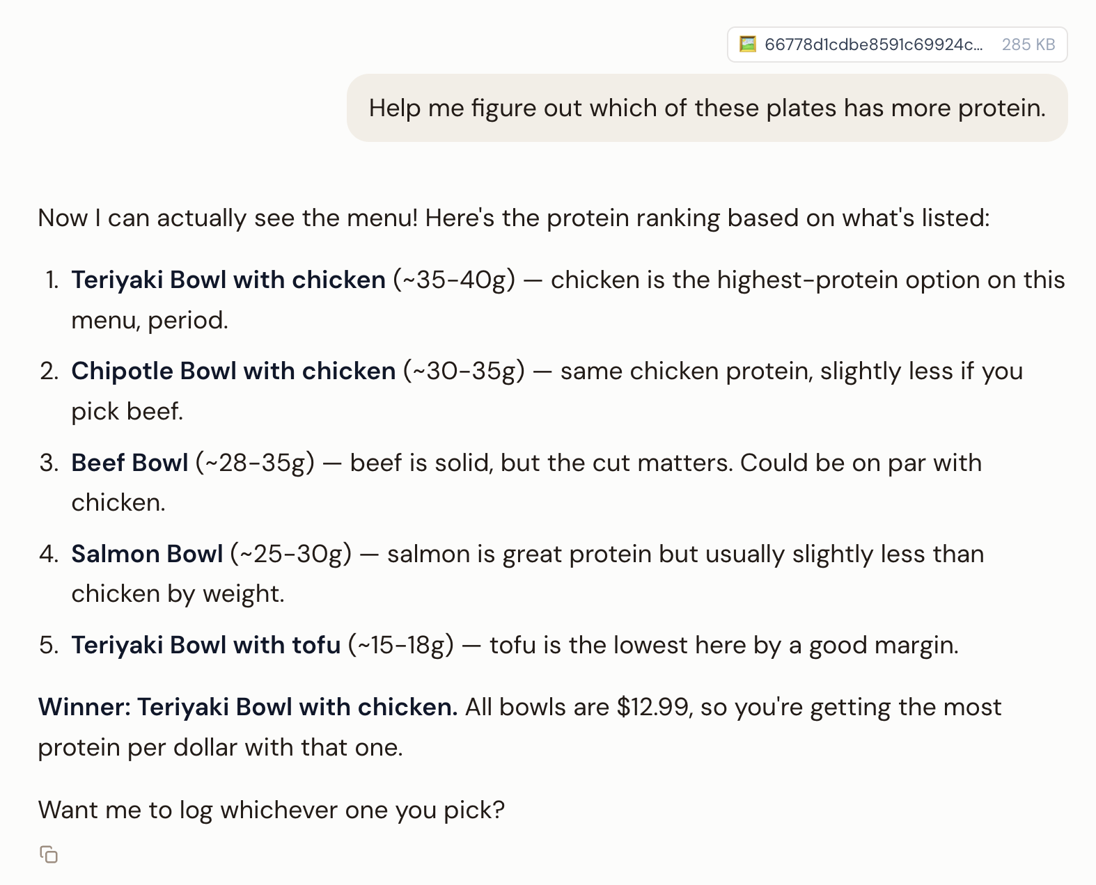 Sabi ranking the menu items by protein