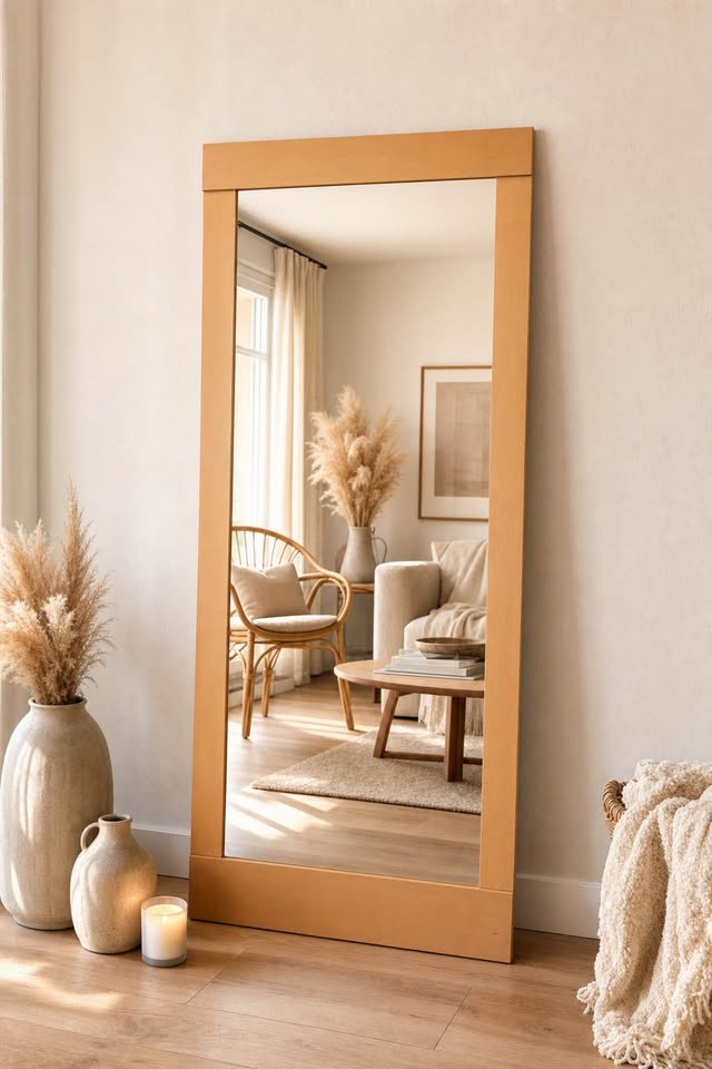 The same mirror restyled into a staged room for the listing