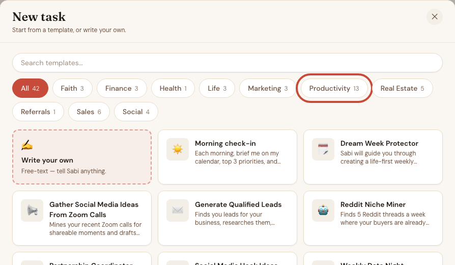 The New task dialog with the Productivity category circled