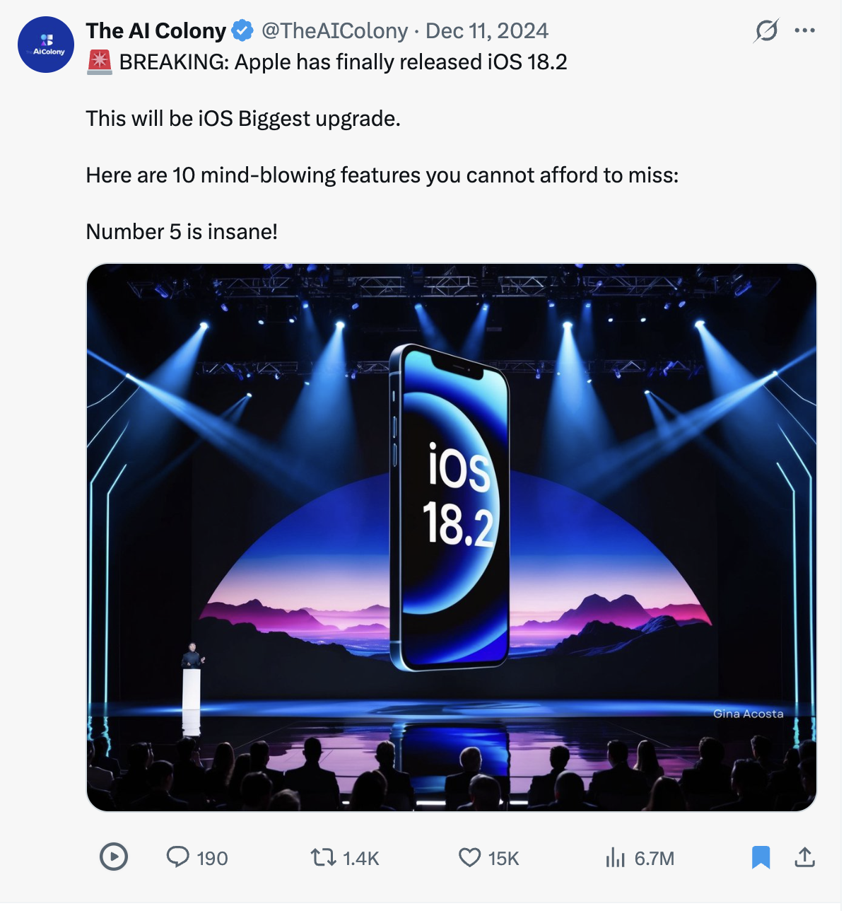 Viral X post from The AI Colony about iOS 18.2