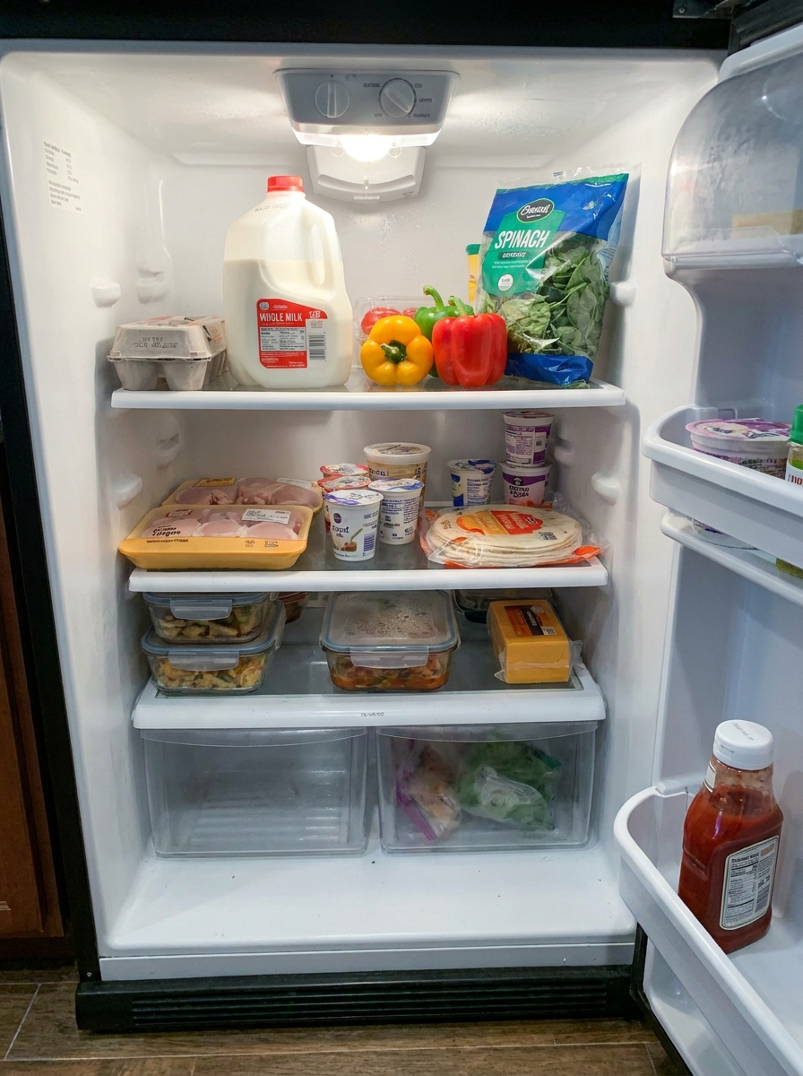 A phone photo of an open fridge