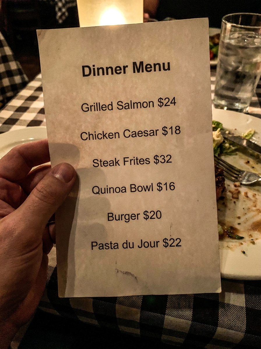 A phone photo of a dinner menu