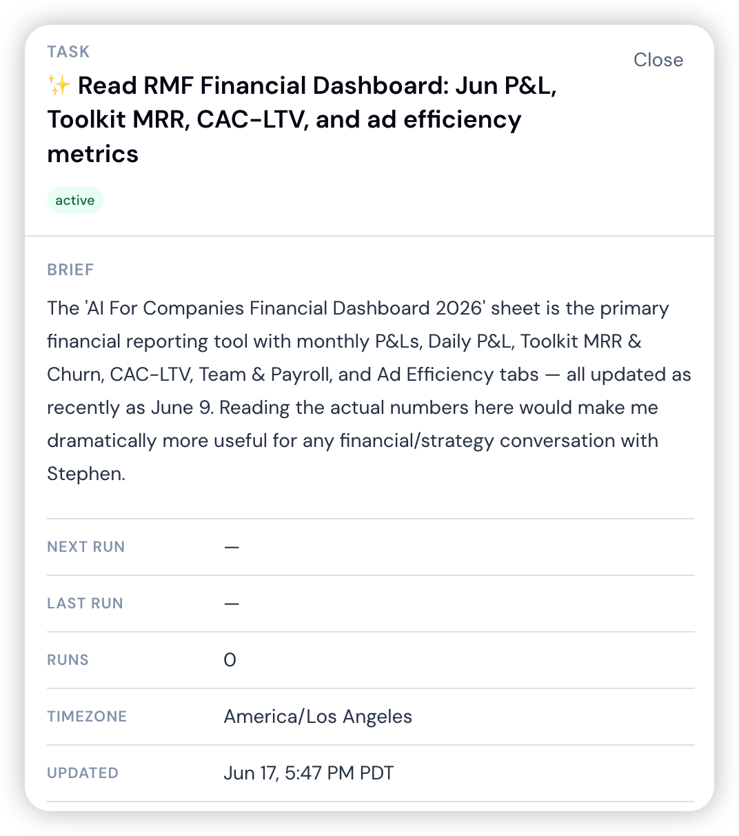 Task detail: financial dashboard