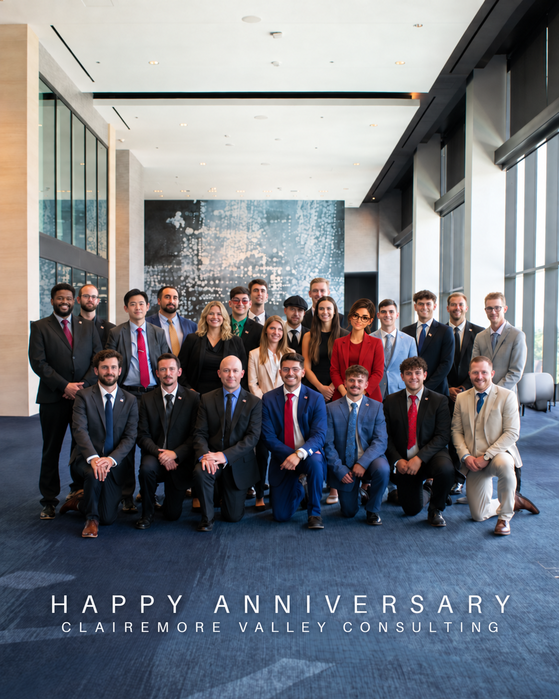 Full company photo in a corporate lobby