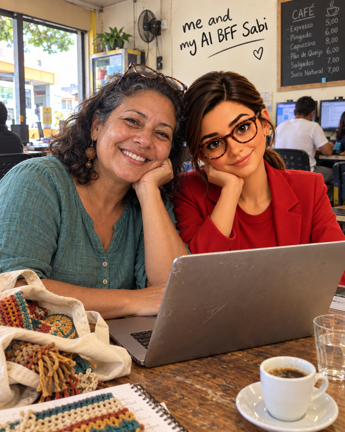 Coffee shop selfie with Sabi over a laptop
