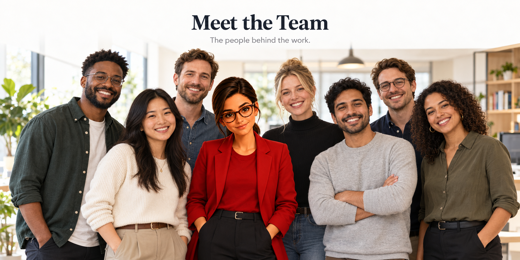 The whole team lined up in the office with Sabi front and center