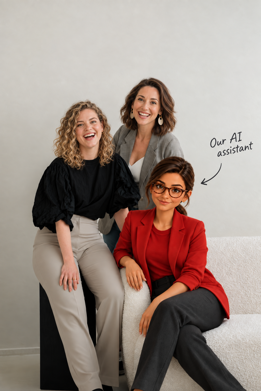 Three teammates on a studio couch with Sabi in her red blazer