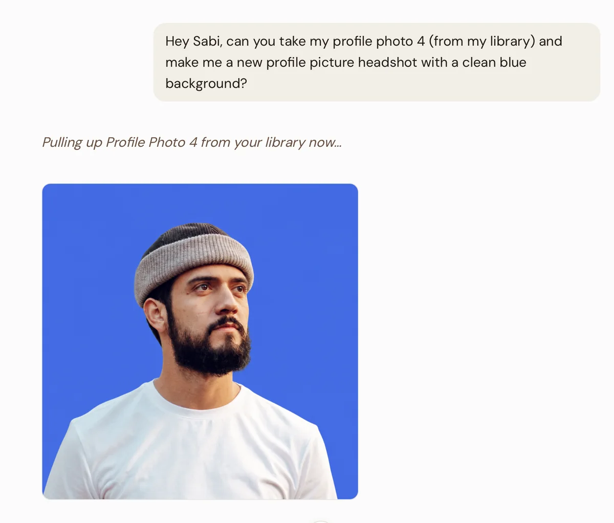 Text conversation asking Sabi to pull profile photo 4 and make a headshot