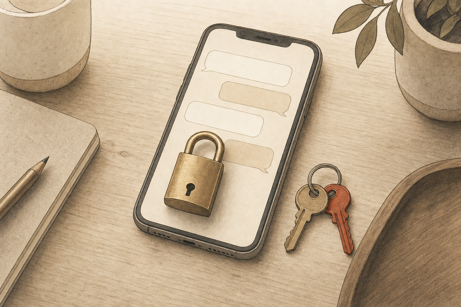 A brass padlock resting on a phone showing a chat thread, with two keys beside it on a wooden desk, illustrating whether Meta Muse is safe to connect to a business