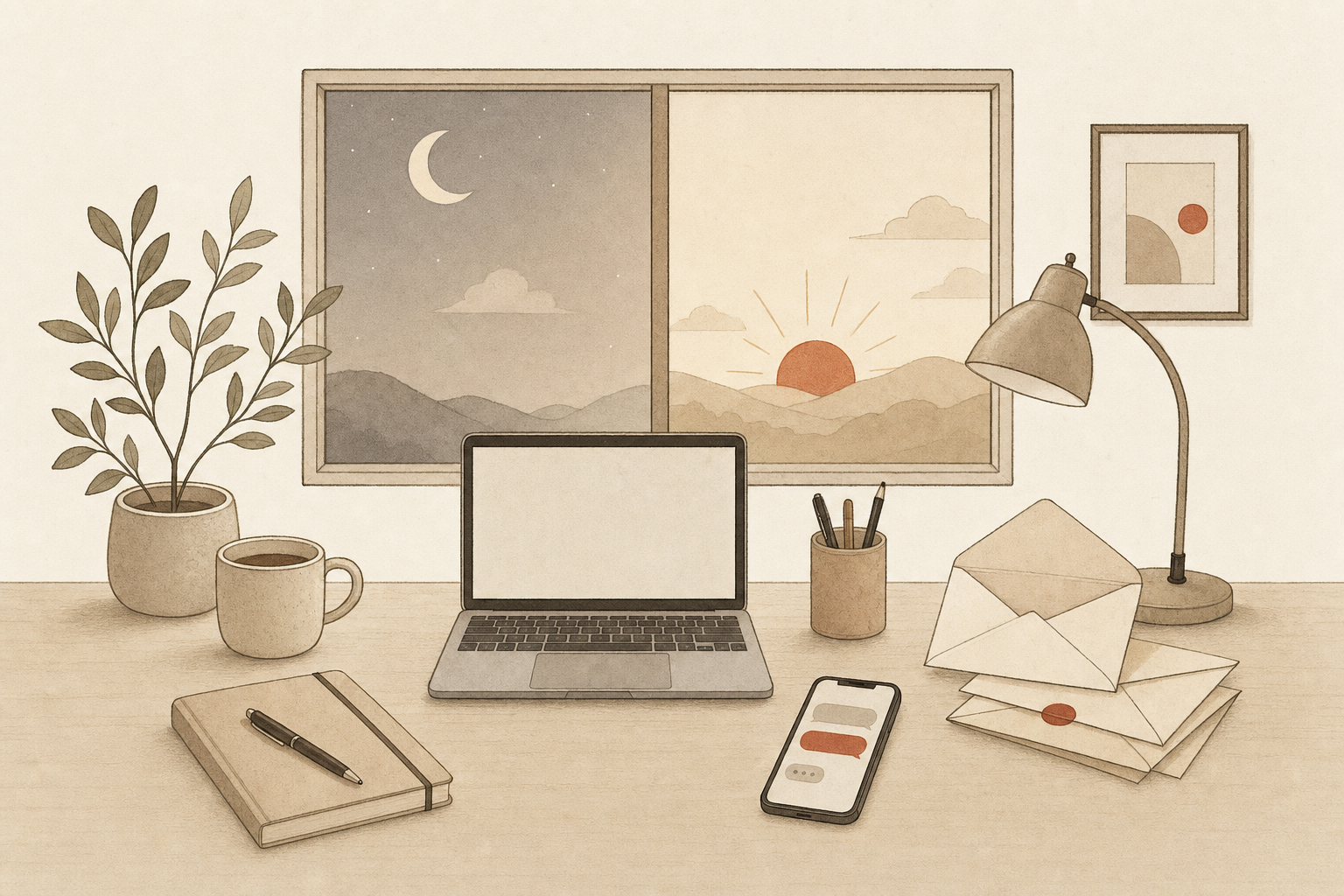 A founder's desk with a phone message thread and a stack of envelopes, under one window split between a crescent moon and a rising sun, illustrating Sabi's Night Shift and Day Shift