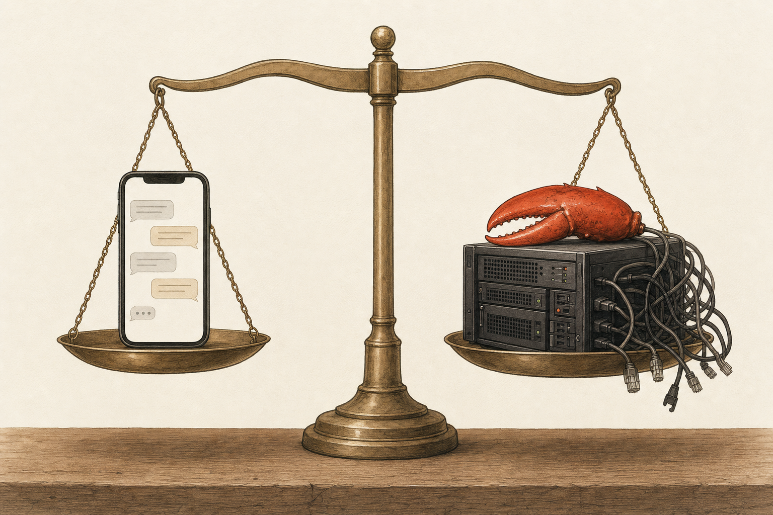 A balance scale on a desk weighing a phone with a short message thread against a tangle of server cables and a lobster claw, illustrating Sabi as an OpenClaw alternative