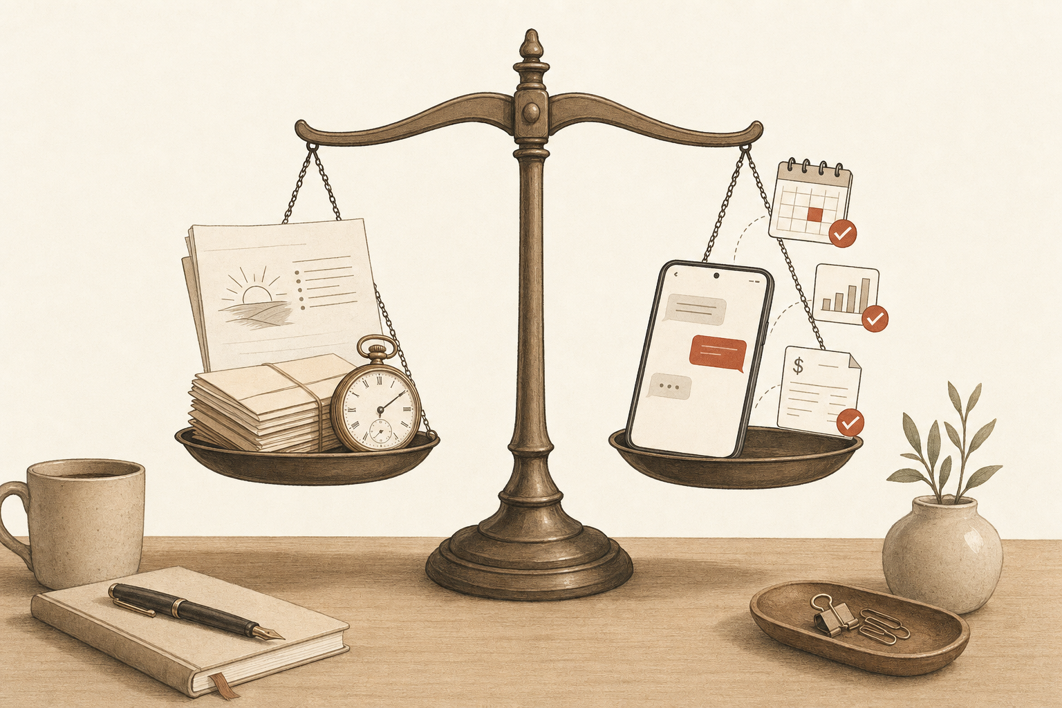 A balance scale on a desk weighing a morning briefing sheet, a bundle of envelopes, and a pocket watch against a phone with a message thread and checked calendar, chart, and invoice icons, illustrating Sabi vs Alfred AI