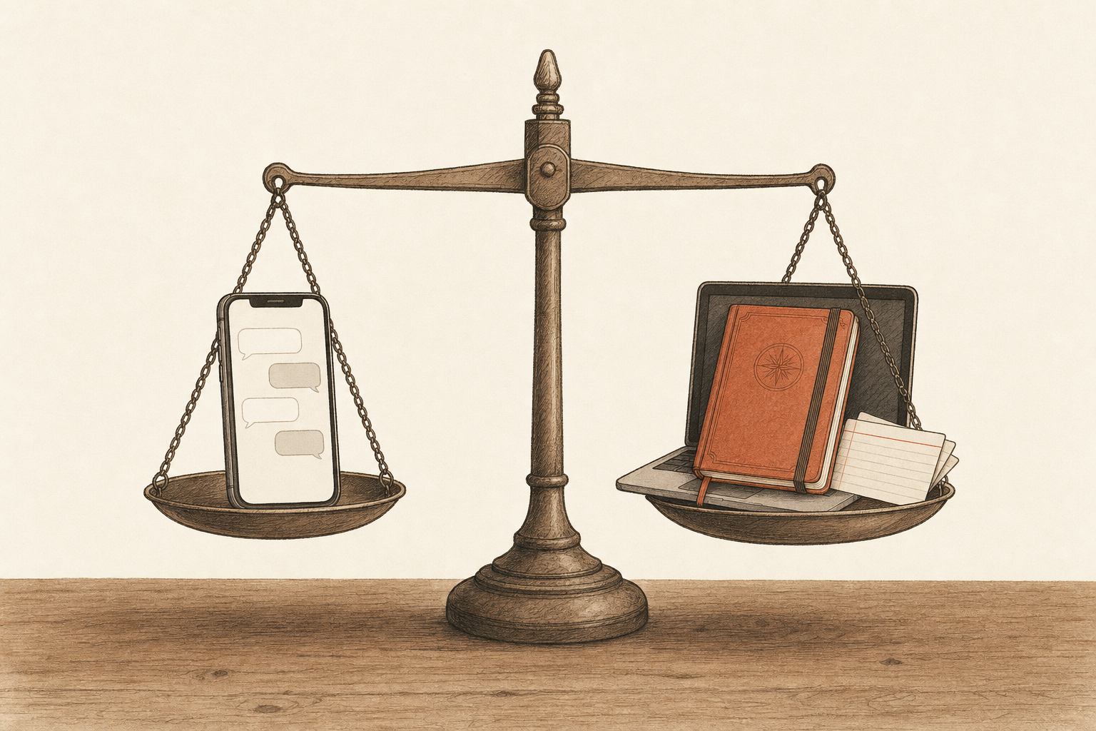 A balance scale on a desk weighing a phone with a short text thread against a laptop with a red notebook and index cards, illustrating Sabi vs Almanac AI