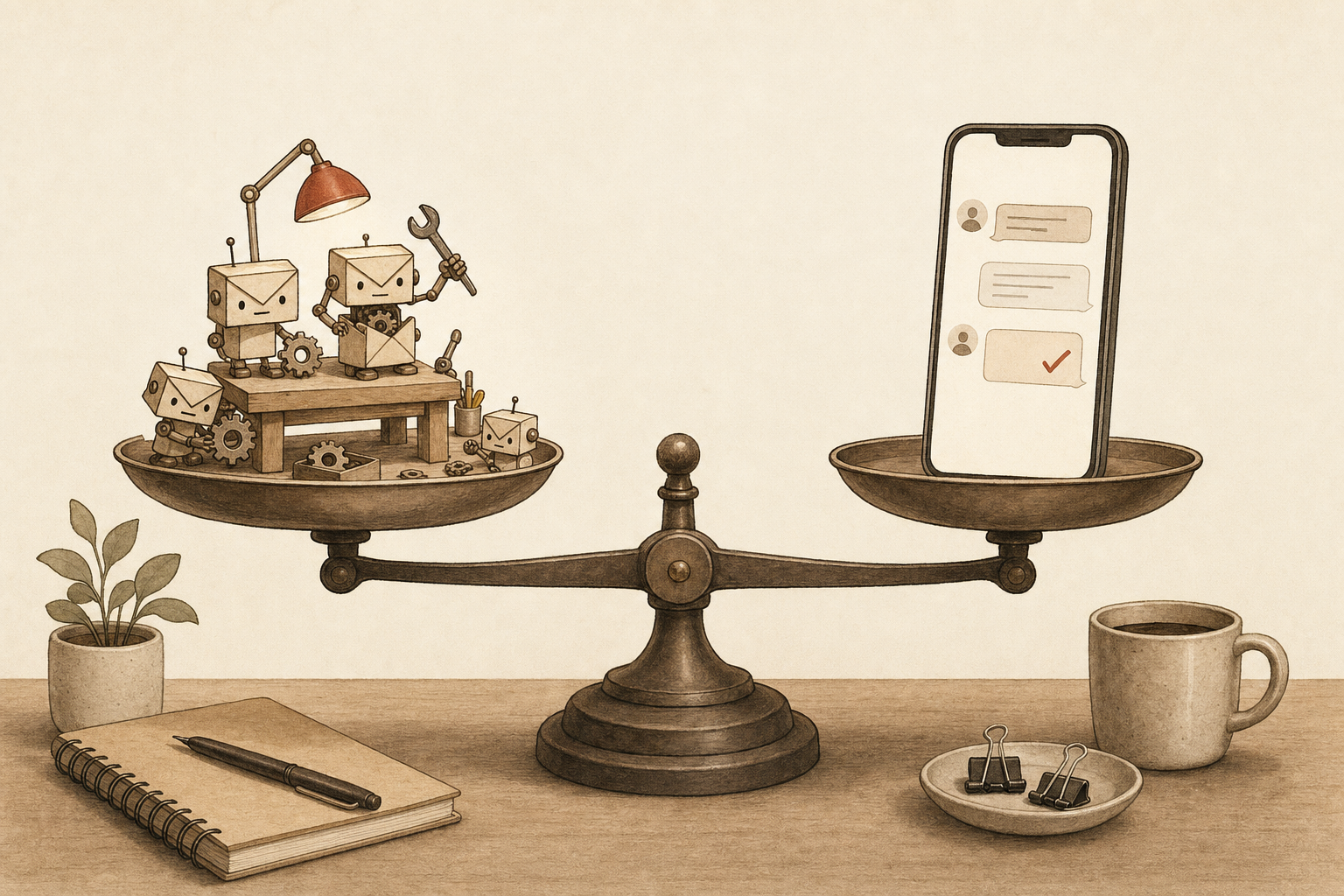 A balance scale on a desk weighing a workbench of tiny envelope robots being assembled against a phone with a message thread and a checkmark, illustrating Sabi vs Carly AI