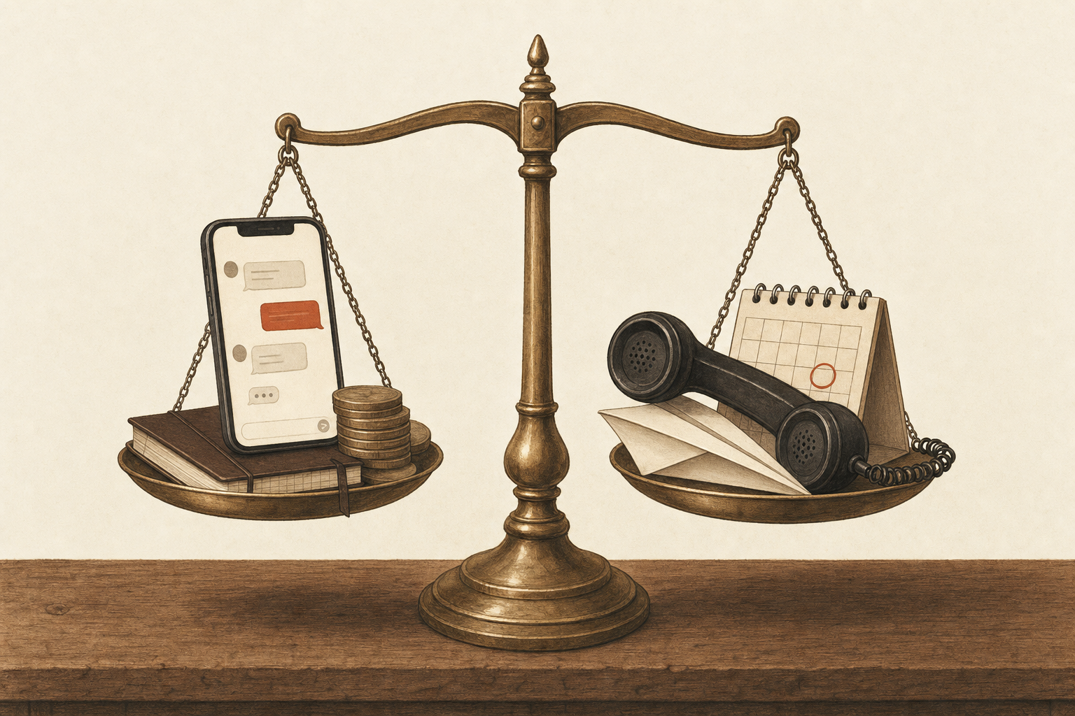 A brass balance scale weighing a phone with a message thread, coins, and a ledger against a desk telephone handset, a paper airplane, and a calendar, illustrating Sabi vs Catch AI