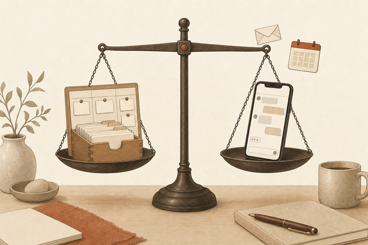 A balance scale on a desk weighing a wooden contact card box and pipeline board against a phone with a message thread, email, and calendar icons, illustrating Sabi vs folk CRM