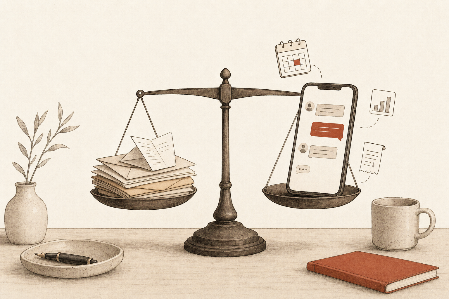 A balance scale on a desk weighing a stack of envelopes with a paper draft against a phone with a message thread, calendar, chart, and receipt icons, illustrating Sabi vs Fyxer AI