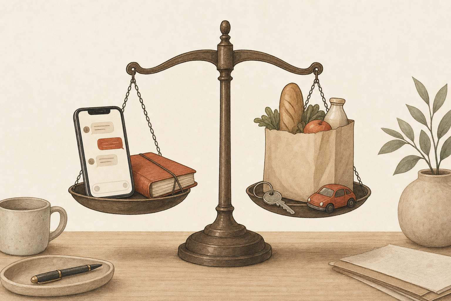 A balance scale on a desk weighing a phone with a message thread and a ledger against a grocery bag, house key, and toy car, illustrating Sabi vs Instinct AI